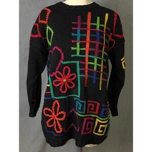 Vintage 1993 RIR Hong Kong Sweater Neon Embroidered Flowers Abstract Art M/L